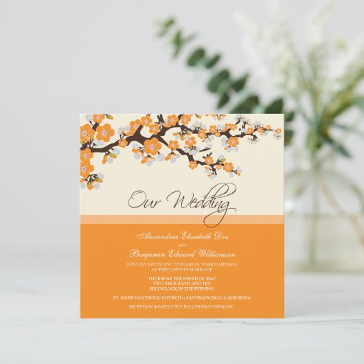 Cherry Blossom Wedding Invitation (oranje) Kaart (Staand voorkant)
