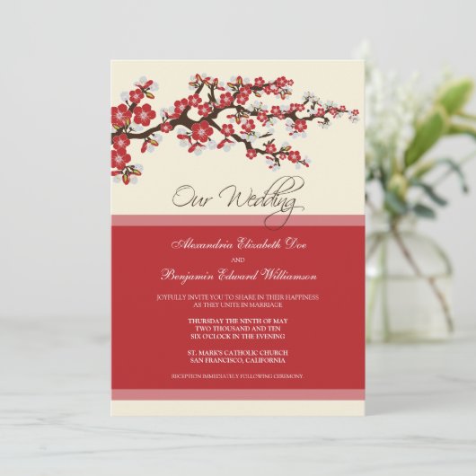 Cherry Blossom Wedding Invitation (rood) Kaart (Staand voorkant)