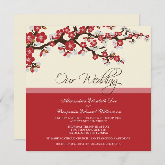 Cherry Blossom Wedding Invitation (rood) Kaart (Voorkant / Achterkant)