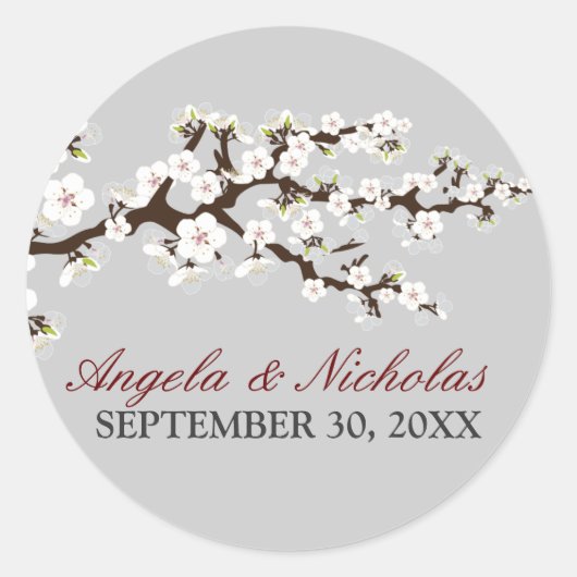 Cherry Blossom Wedding Invitation Seal (zilver) Ronde Sticker (Voorkant)