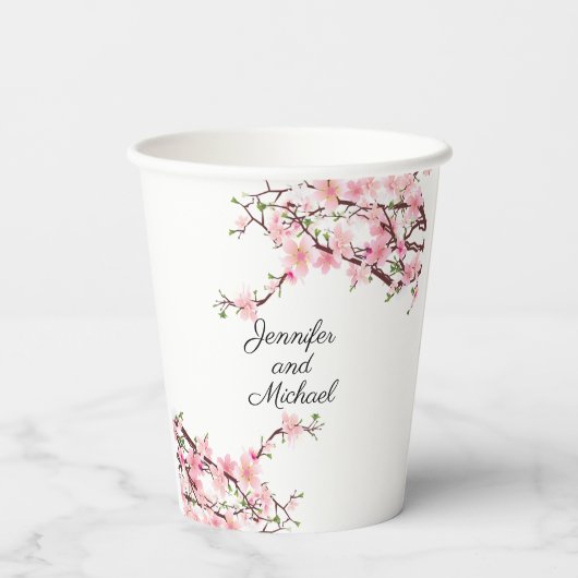 Cherry Blossom Wedding Reception Personalize Name Papieren Bekers (Achterkant)