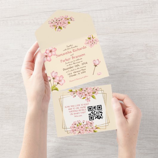 Cherry Blossom Wedding & RSVP All In One Uitnodiging (Afscheurbaar)