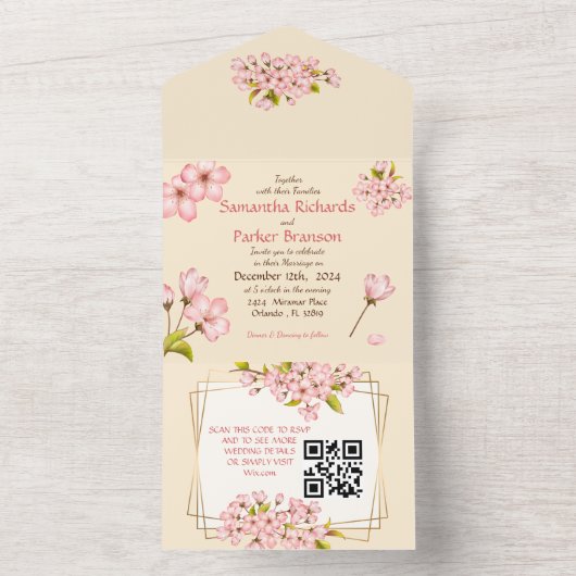 Cherry Blossom Wedding & RSVP All In One Uitnodiging (Binnen)