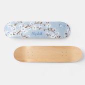 Cherry Blossom White Blue Glitter Floral Name Persoonlijk Skateboard (Horizontaal)