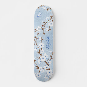 Cherry Blossom White Blue Glitter Floral Name Persoonlijk Skateboard