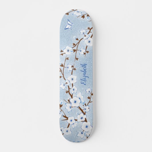 Cherry Blossom White Blue Glitter Floral Name Persoonlijk Skateboard (Voorkant)