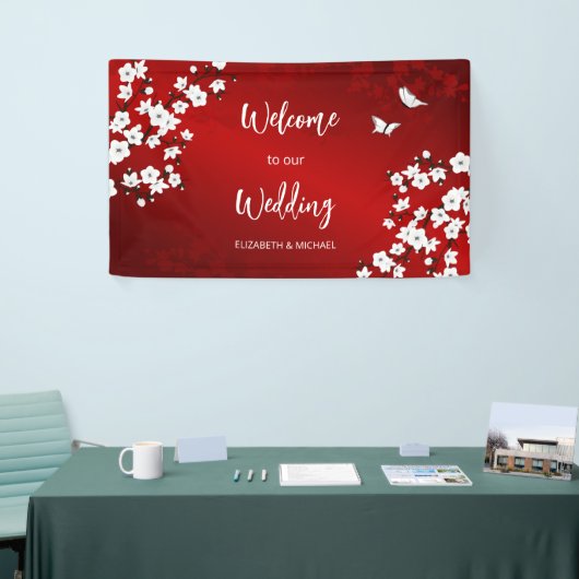 Cherry Blossom White Red Weduwen Welkom Spandoek (Beurs)