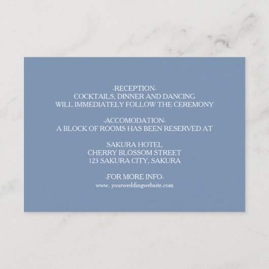 Cherry Blossom Wit Stoffig Blauw Bruiloft Details Informatiekaartje (Achterkant)