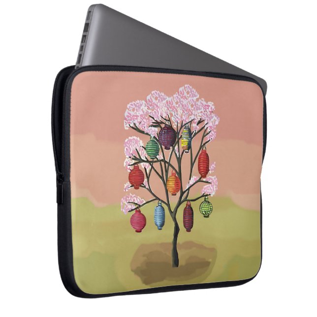 Cherry Blossom with oriental paper lanterns Laptop Sleeve (Voorkant Rechts)