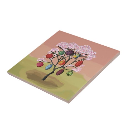Cherry Blossom with oriental paper lanterns Tegeltje (Zijkant)