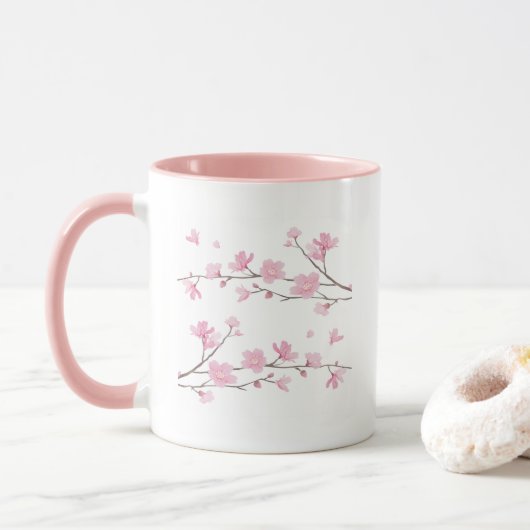 Cherry Blossom - Witte achtergrond Mok (Met donut)