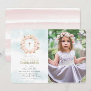 Cherry Blossom Wreath Foto First Heilige Communie Kaart