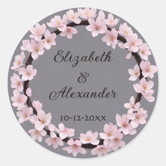 Cherry Blossom Wreath met Names and Wedding Date Ronde Sticker (Voorkant)