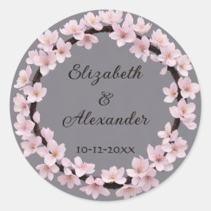 Cherry Blossom Wreath met Names and Wedding Date Ronde Sticker