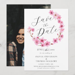 Cherry Blossom Wreath Photo Wedding Save the Date Kaart