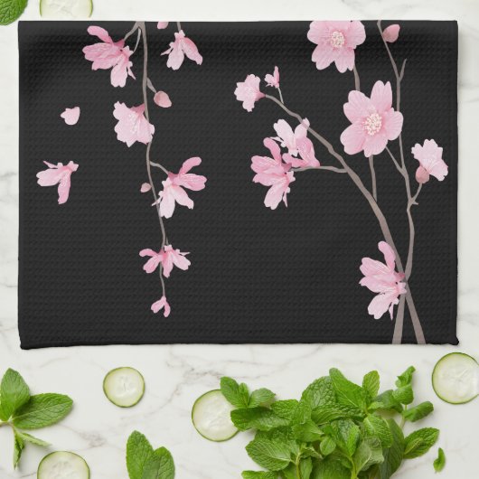 Cherry Blossom - zwart Theedoek (Gevouwen)