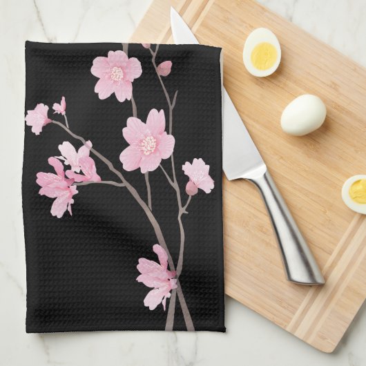 Cherry Blossom - zwart Theedoek (Quarter Fold)