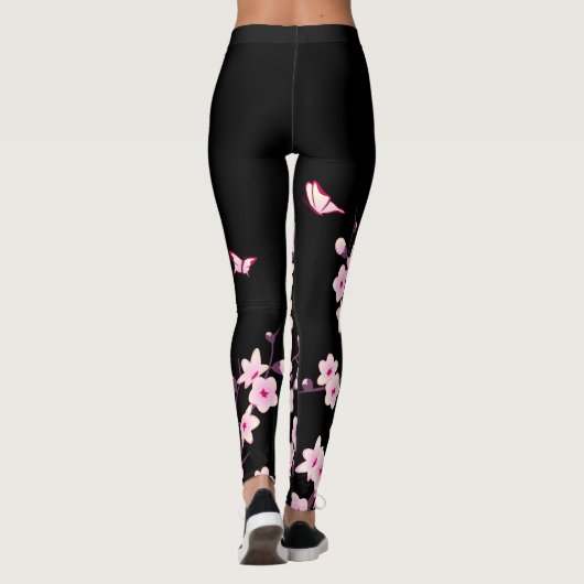 Cherry Blossom | Zwarte roze Floral Leggings (Achterkant)