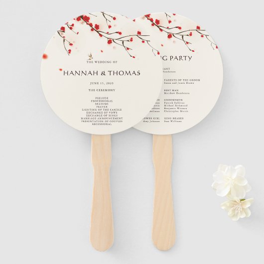 Cherry Blossoms Bloemen Bruiloft Programma Hand Fa Handwaaier (Voorkant en achterkant)