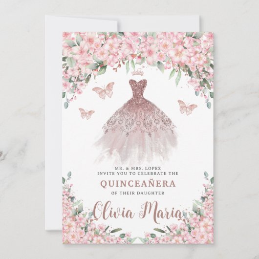 Cherry Blossoms Bloemen Roos Gouden Jurk Quinceañe Kaart (Voorkant)