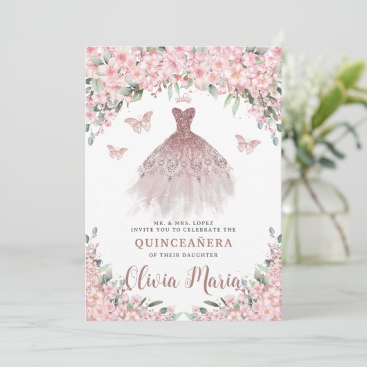 Cherry Blossoms Bloemen Roos Gouden Jurk Quinceañe Kaart (Staand voorkant)