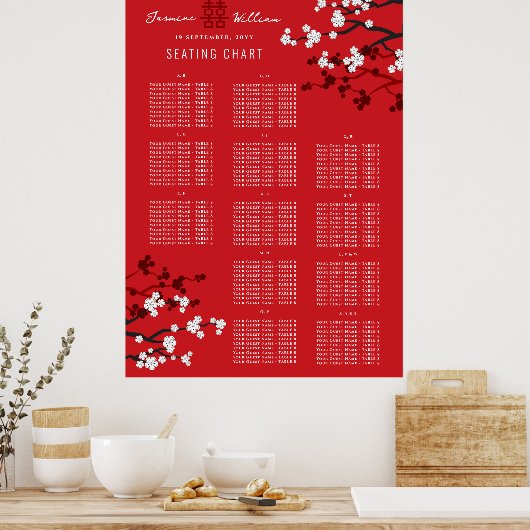 Cherry Blossoms Dubbele Xi Aziatische Bruiloft Zet Poster (Keuken)