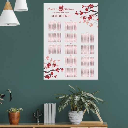 Cherry Blossoms Dubbele Xi Aziatische Bruiloft Zet Poster (Woonkamer 1)