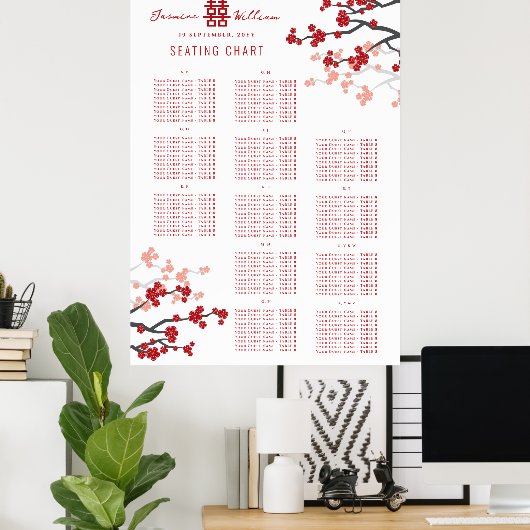 Cherry Blossoms Dubbele Xi Aziatische Bruiloft Zet Poster (Thuiskantoor)