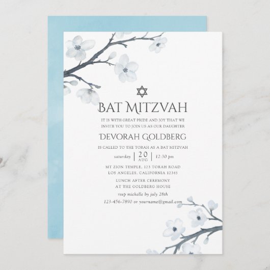 Cherry Blossoms Floral Bat Mitzvah Kaart (Voorkant / Achterkant)