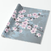 Cherry Blossoms Floral Dusky Pink Dusty Blue Cadeaupapier (Uitgerold)