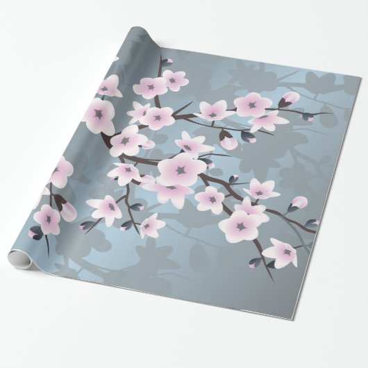 Cherry Blossoms Floral Dusky Pink Dusty Blue Cadeaupapier (Uitgerold)