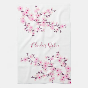 Cherry Blossoms Floral Pink White personaliseren Theedoek