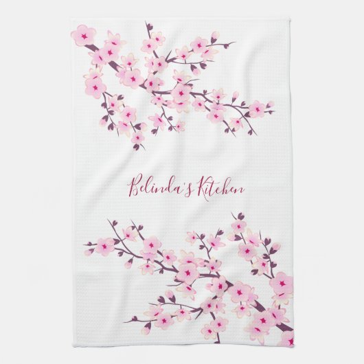 Cherry Blossoms Floral Pink White personaliseren Theedoek (Verticaal)