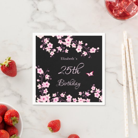 Cherry Blossoms Pink Black Custom Birthday  Servet (Insitu)