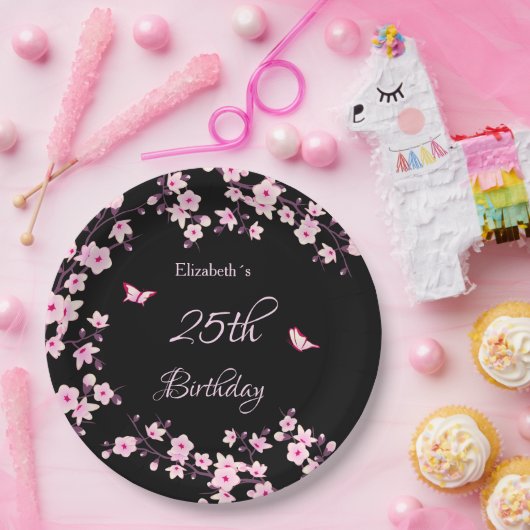 Cherry Blossoms Pink Black Custom Papieren Bordje (Feest)