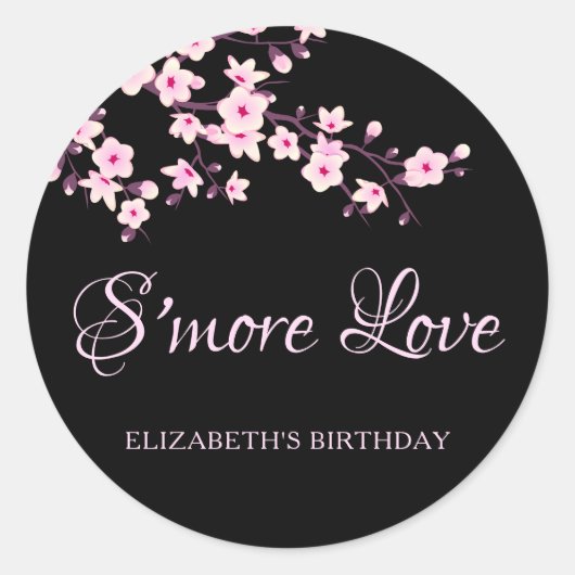 Cherry Blossoms Pink Black S'more Love Ronde Sticker (Voorkant)