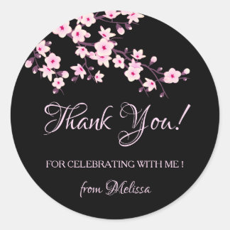 Cherry Blossoms Pink Black Thank You Ronde Sticker