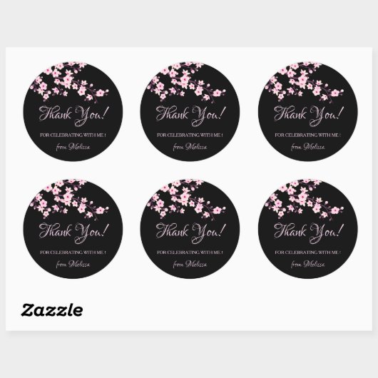Cherry Blossoms Pink Black Thank You Ronde Sticker (Vel)