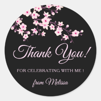 Cherry Blossoms Pink Black Thank You Ronde Sticker