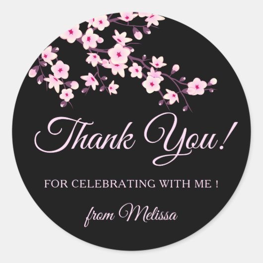 Cherry Blossoms Pink Black Thank You Ronde Sticker (Voorkant)