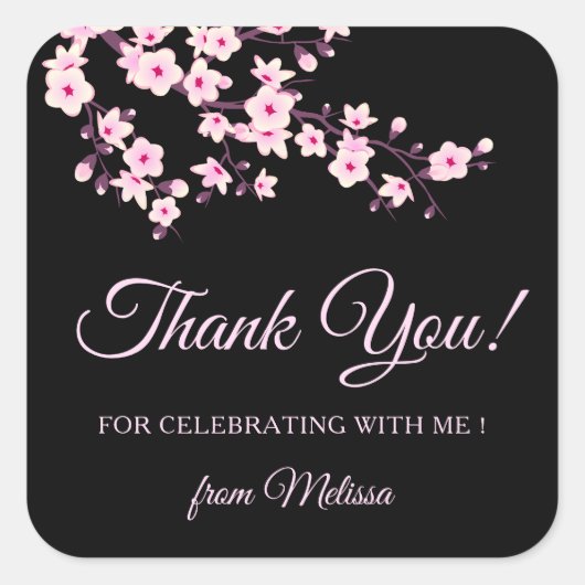Cherry Blossoms Pink Black Thank You Vierkante Sticker (Voorkant)