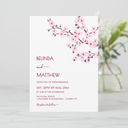 Cherry Blossoms Pink White Casual Wedding Kaart (Staand voorkant)