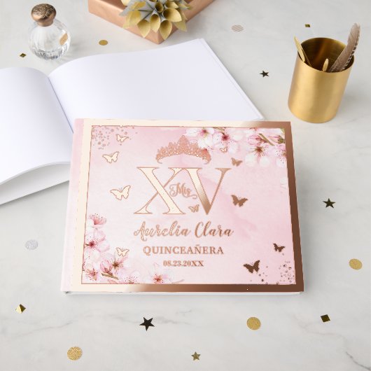 Cherry Blossoms Quinceañera Quince 15 XV Rose Gold Gastenboek (Voorkant open)