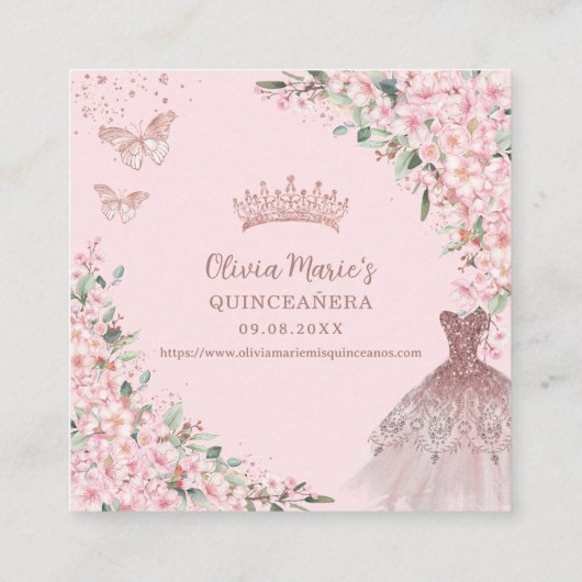 Cherry Blossoms Roos Gold Quinceañera QR-code Informatiekaartje (Achterkant)