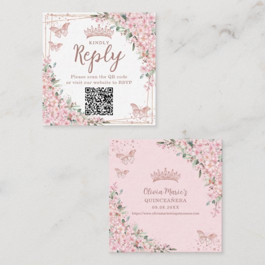 Cherry Blossoms Roos Gold Quinceanera QR-code Informatiekaartje (Voorkant / Achterkant)