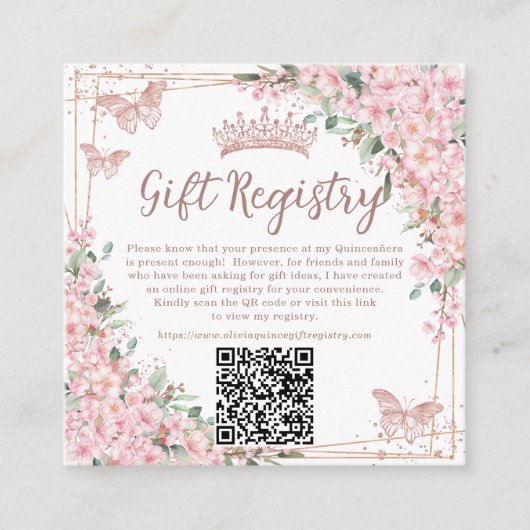 Cherry Blossoms Roos Gold Quinceanera QR Gift Informatiekaartje (Voorkant)