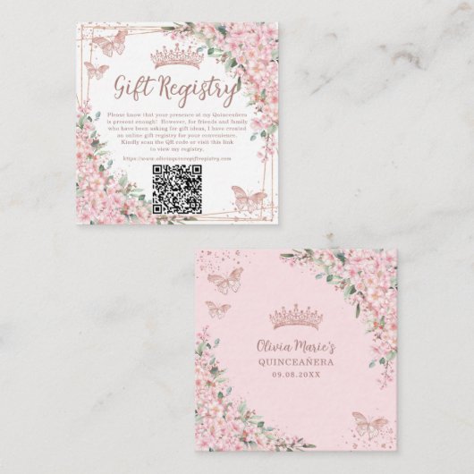 Cherry Blossoms Roos Gold Quinceanera QR Gift Informatiekaartje (Voorkant / Achterkant)
