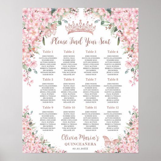 Cherry Blossoms Roos Gold Quinceanera Zitplaatsen Poster (Voorkant)