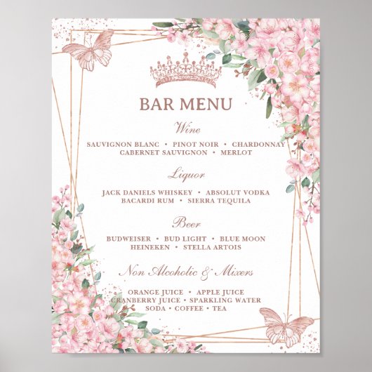 Cherry Blossoms Roos Gouden Vlinders Bar Menu Poster (Voorkant)