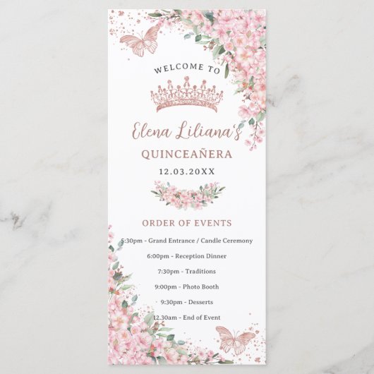 Cherry Blossoms Roos Gouden Vlinders Slim Programm Menu (Voorkant)